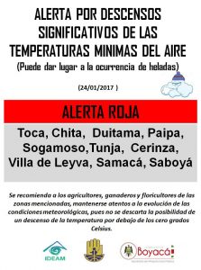 Se recomienda a la comunidad y en general, mantenerse atentos a la evolución de las condiciones meteorológicas teniendo en cuenta proximidades por debajo de los cero grado celsius. 